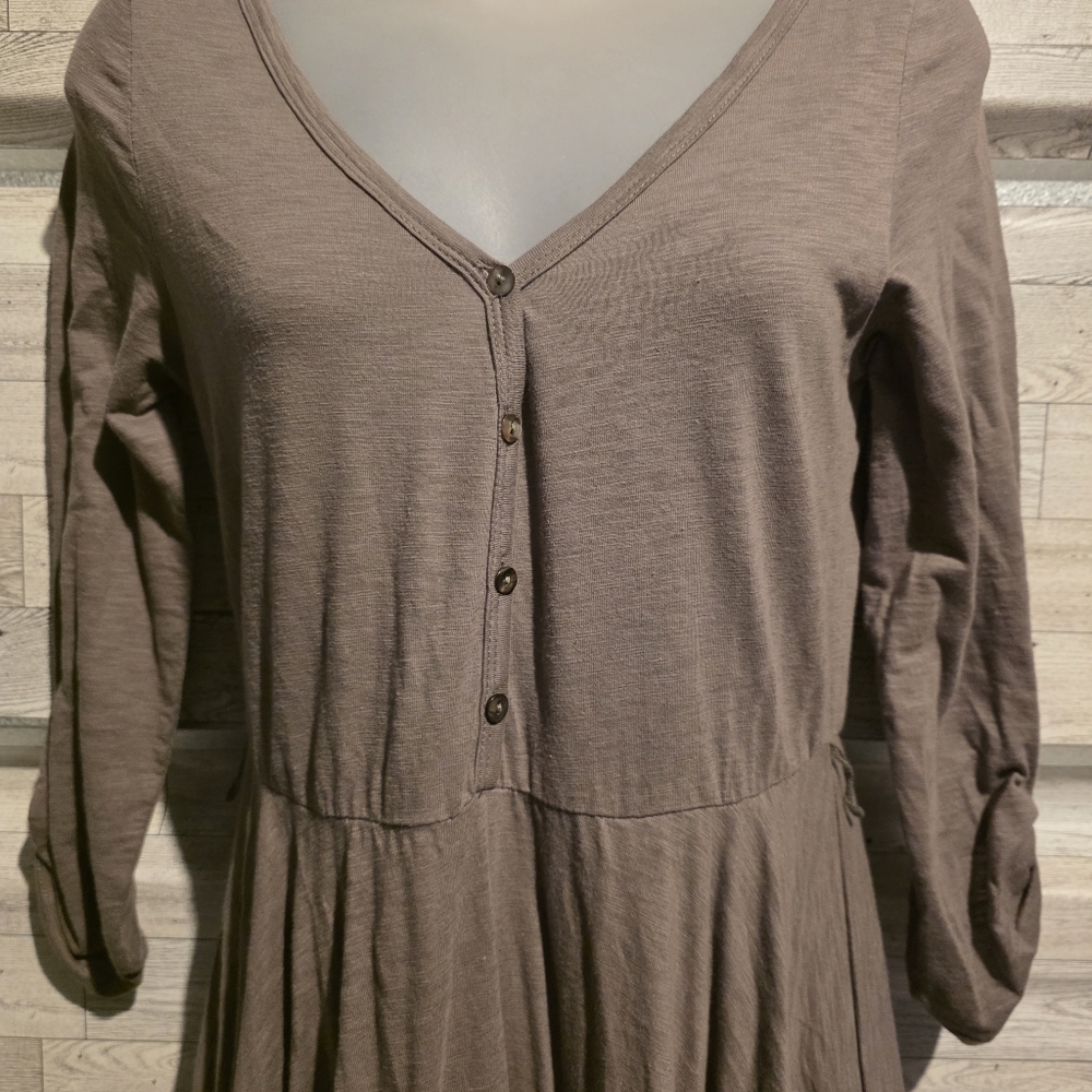 Mystree Taupe Asymmetrical V-Neck Dress - Picture 3 of 5